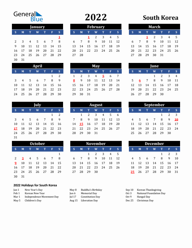 2022 South Korea Holiday Calendar