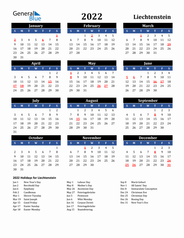 2022 Liechtenstein Holiday Calendar