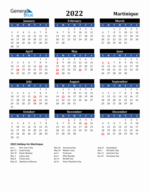 2022 Martinique Holiday Calendar