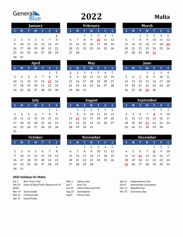 2022 Malta Holiday Calendar