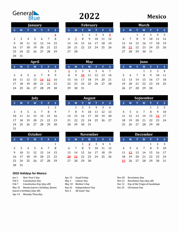 2022 Mexico Holiday Calendar