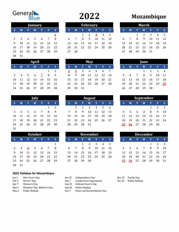 2022 Mozambique Holiday Calendar