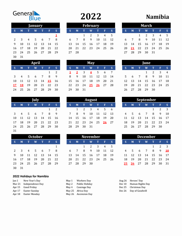 2022 Namibia Calendar with Holidays