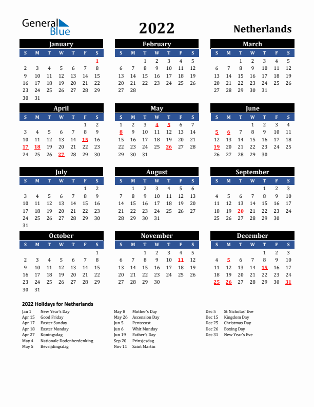 2022 The Netherlands Holiday Calendar