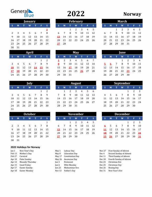 2022 Norway Holiday Calendar