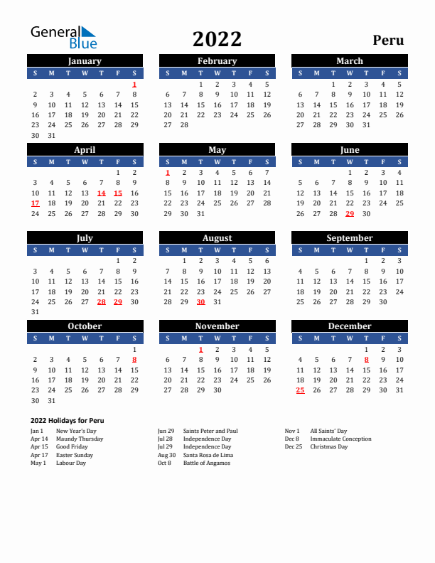 2022 Peru Holiday Calendar