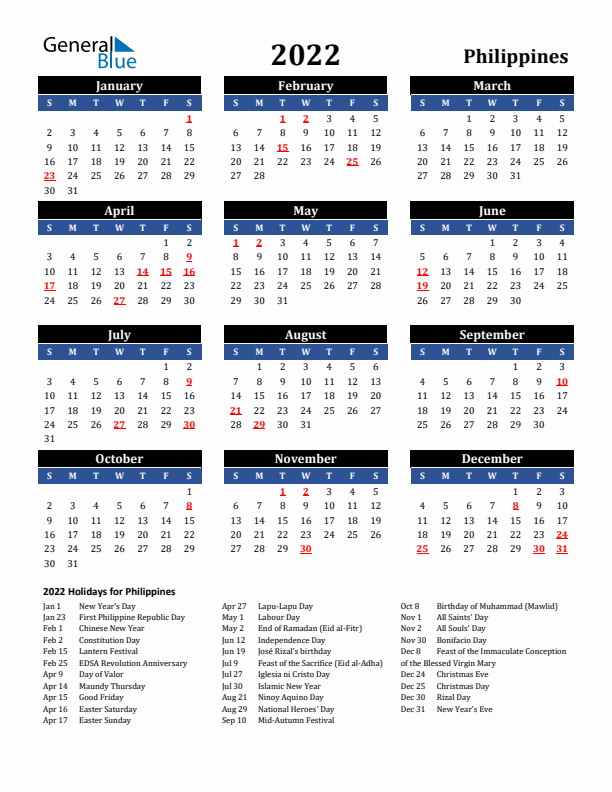 2022 Philippines Holiday Calendar