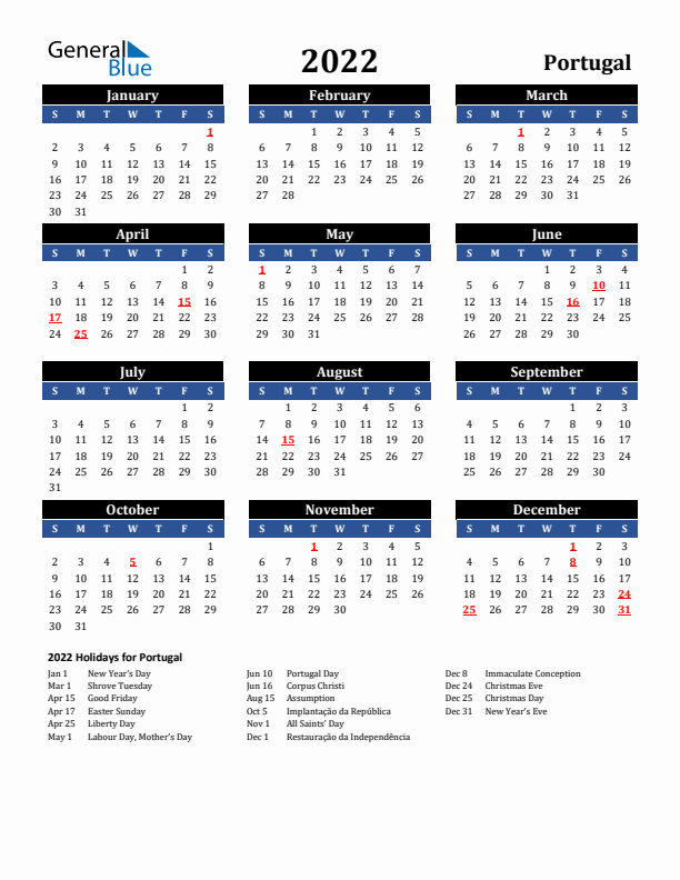 2022 Portugal Holiday Calendar