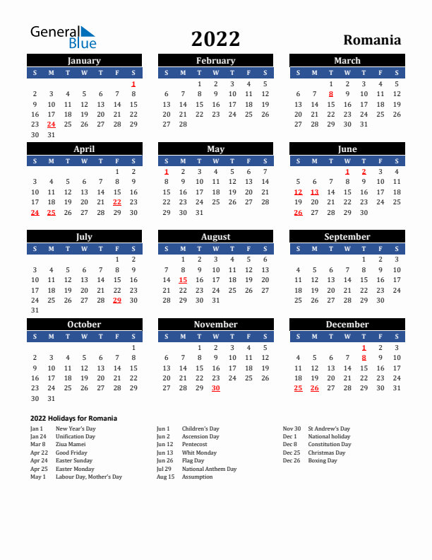 2022 Calendar Black Blue With Holidays Portrait Sunday Start En Ro 612x792 