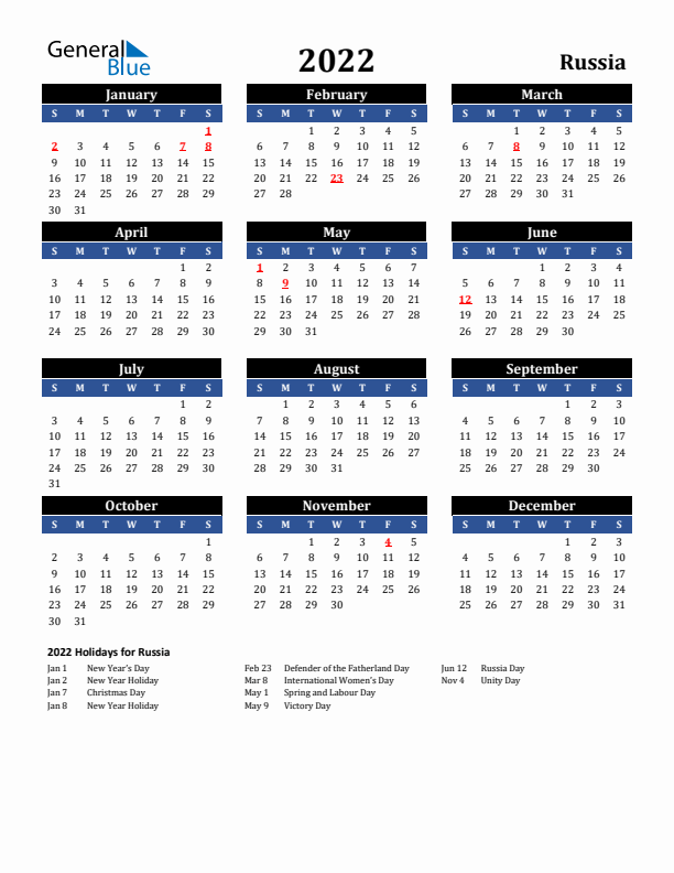 2022 Russia Holiday Calendar