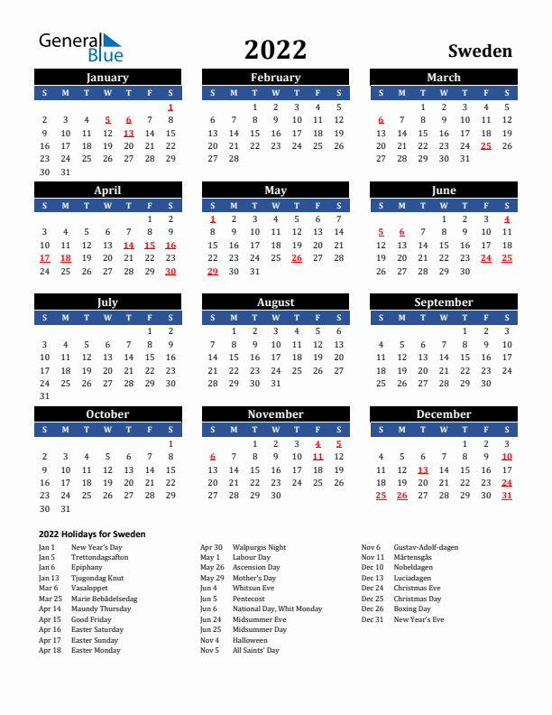 2022 Sweden Holiday Calendar