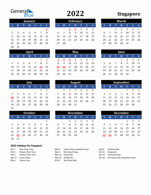 2022 Singapore Holiday Calendar