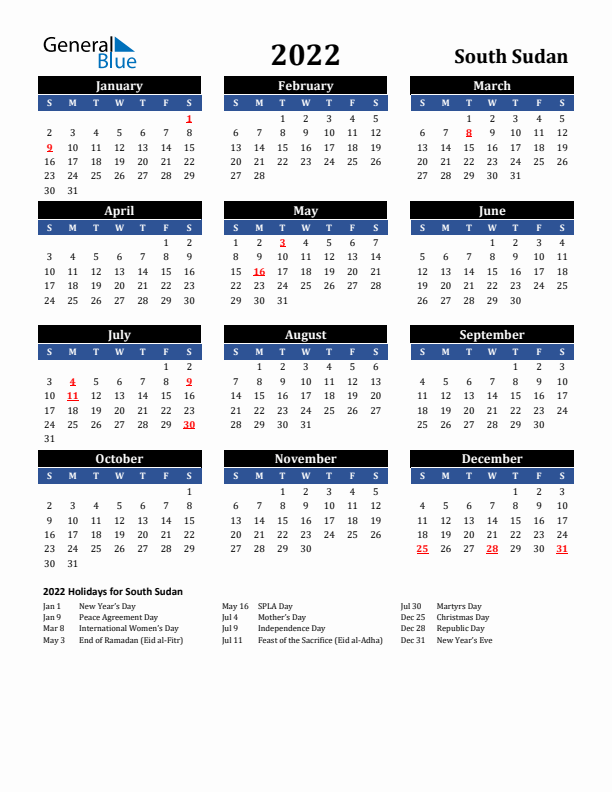 2022 South Sudan Holiday Calendar