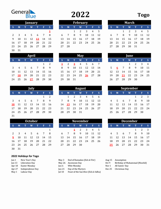 2022 Togo Holiday Calendar