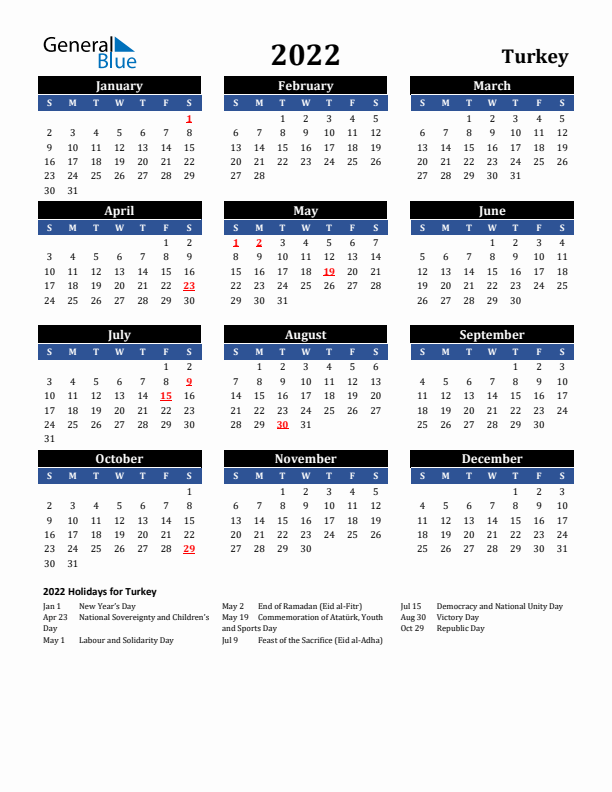 2022 Turkey Holiday Calendar