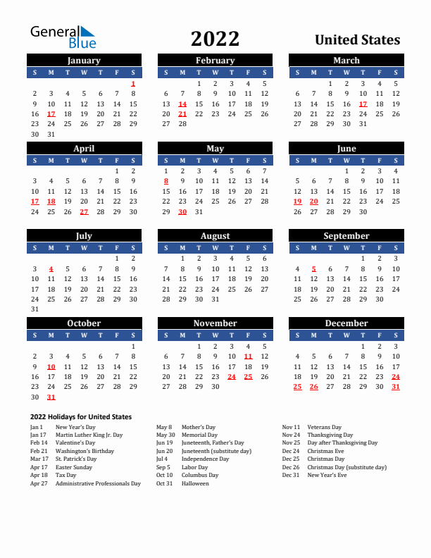 2022 United States Holiday Calendar