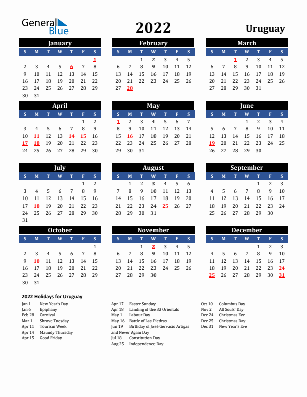2022 Uruguay Holiday Calendar