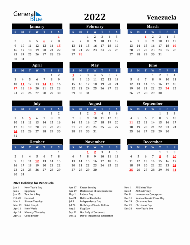 2022 Venezuela Holiday Calendar