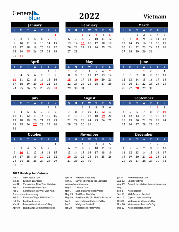 2022 Vietnam Holiday Calendar