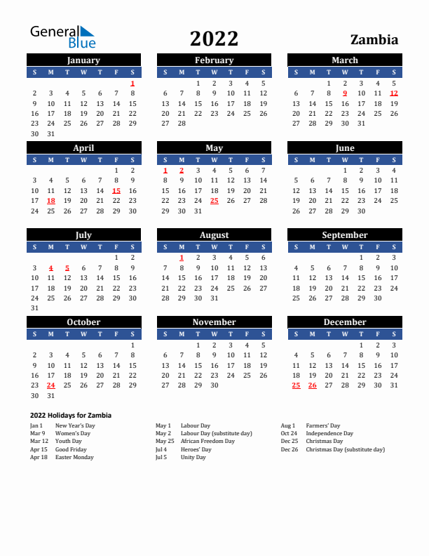 2022 Zambia Holiday Calendar
