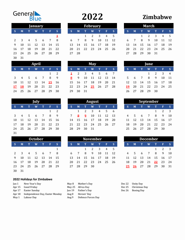 2022 Zimbabwe Holiday Calendar