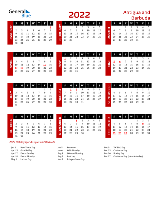 Download Antigua and Barbuda 2022 Calendar