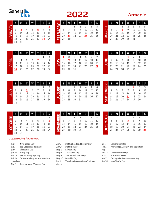 Download Armenia 2022 Calendar