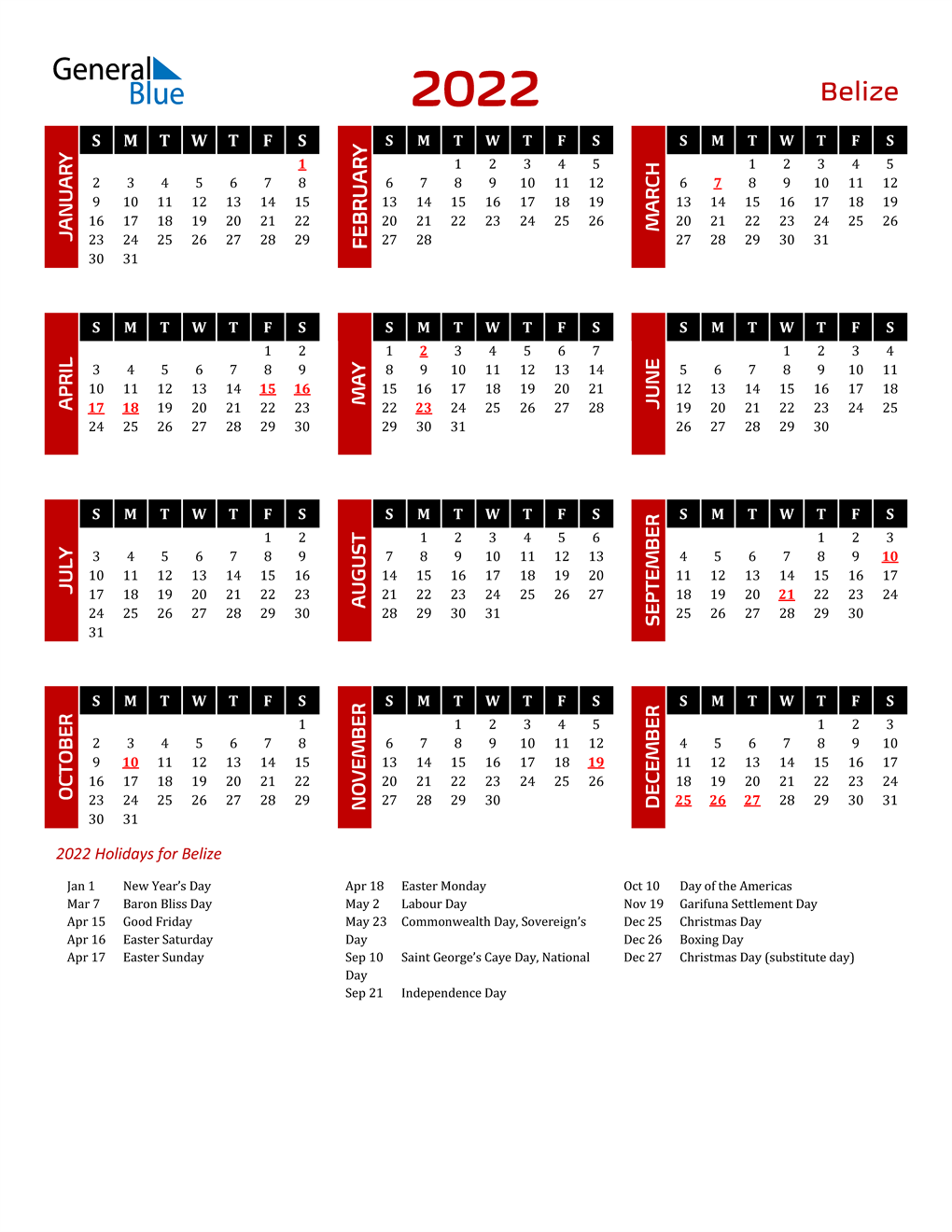 2022 Belize Calendar with Holidays