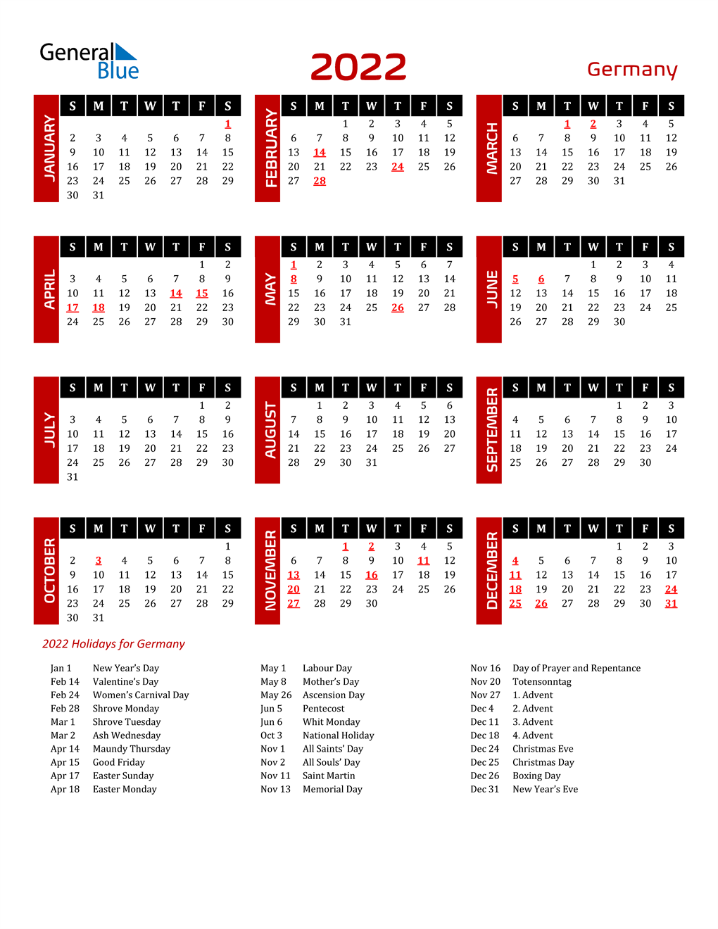 2022 Germany Calendar with Holidays