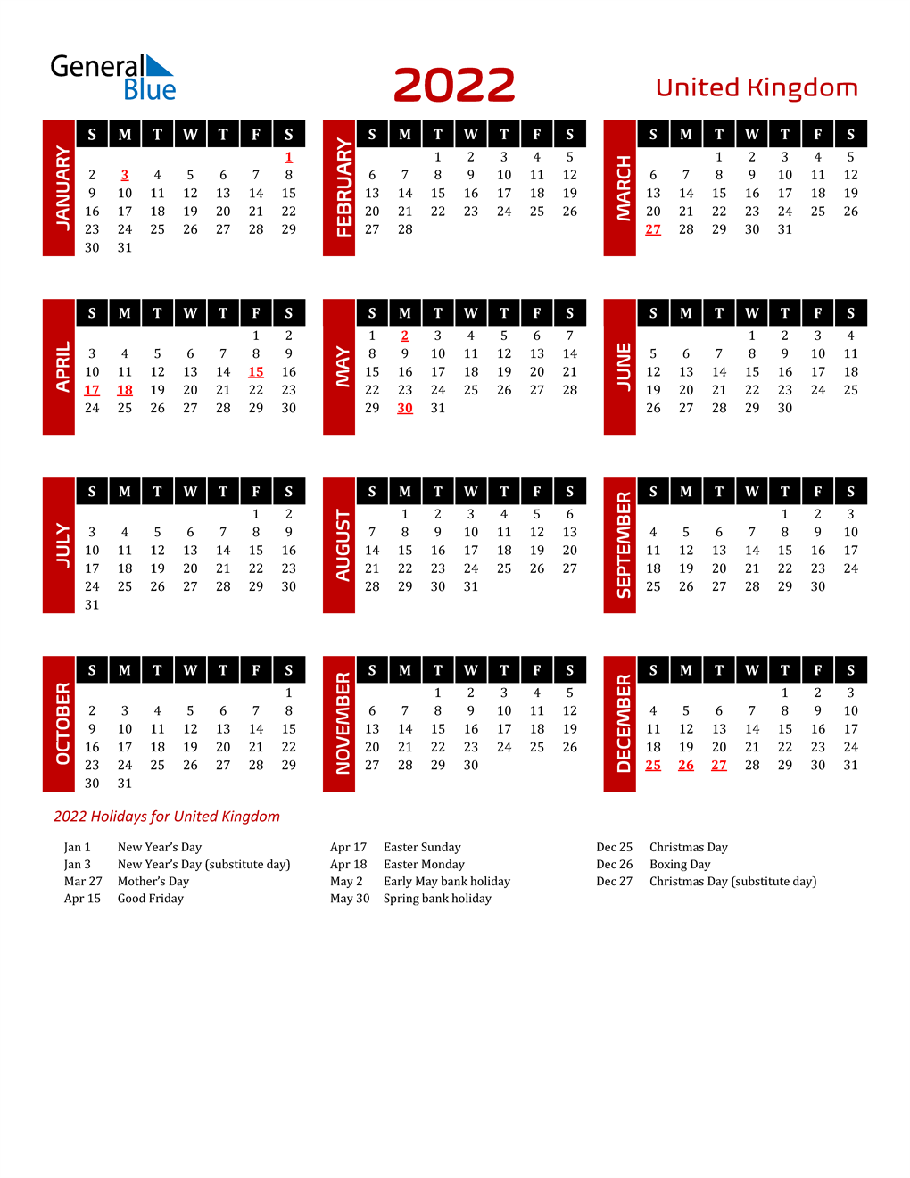 2022 united kingdom calendar with holidays