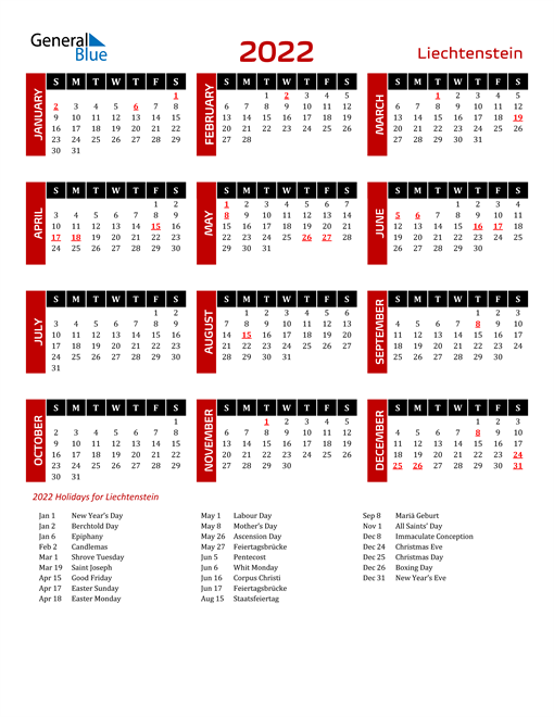 Download Liechtenstein 2022 Calendar