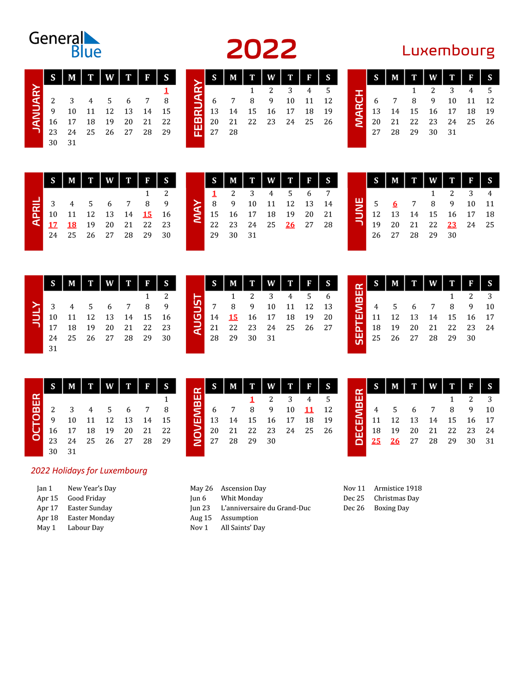 Calendrier Luxembourg 2023 2022 Luxembourg Calendar With Holidays