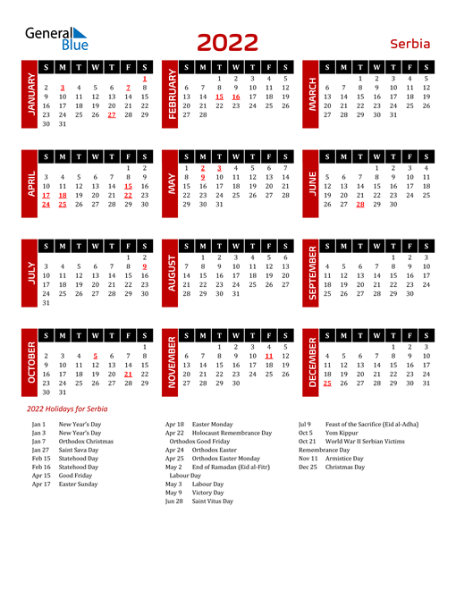 Download Serbia 2022 Calendar