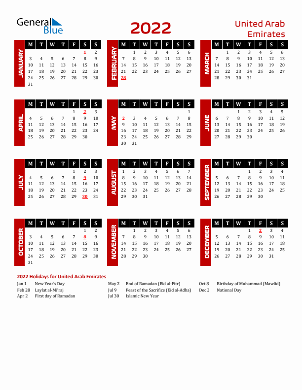 Download United Arab Emirates 2022 Calendar - Monday Start