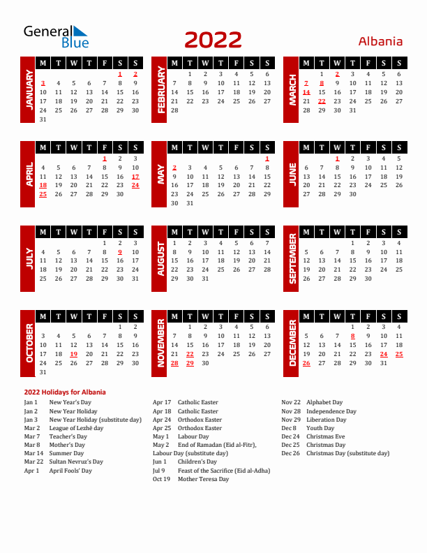 Download Albania 2022 Calendar - Monday Start
