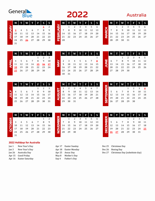 Download Australia 2022 Calendar - Monday Start