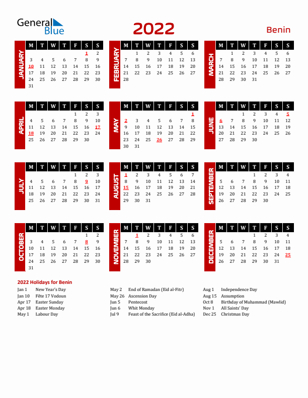 Download Benin 2022 Calendar - Monday Start