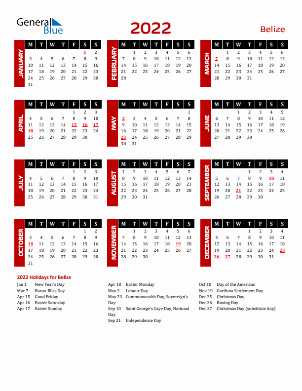 Download Belize 2022 Calendar - Monday Start