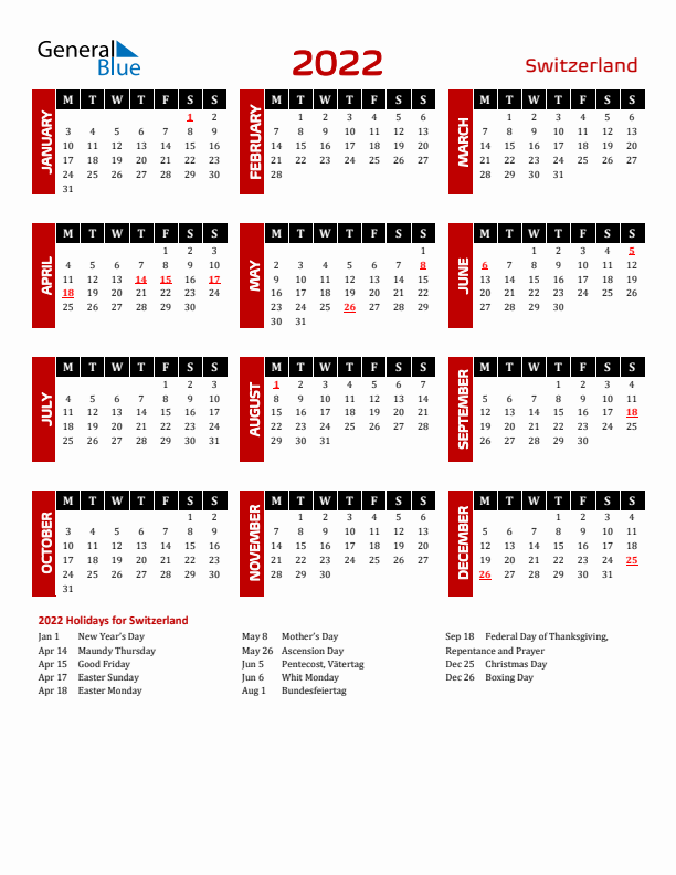 Download Switzerland 2022 Calendar - Monday Start