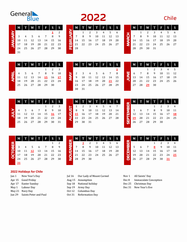 Download Chile 2022 Calendar - Monday Start