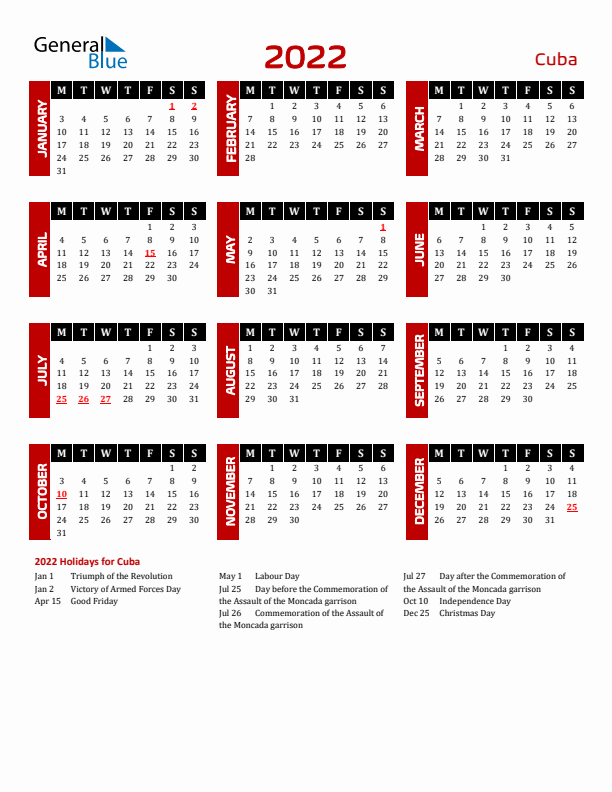 Download Cuba 2022 Calendar - Monday Start