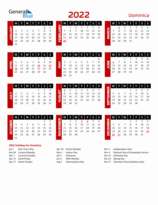 Download Dominica 2022 Calendar - Monday Start