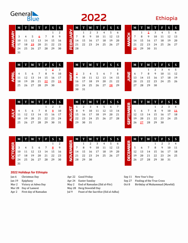 Download Ethiopia 2022 Calendar - Monday Start