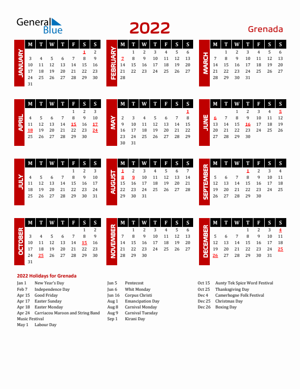 Download Grenada 2022 Calendar - Monday Start