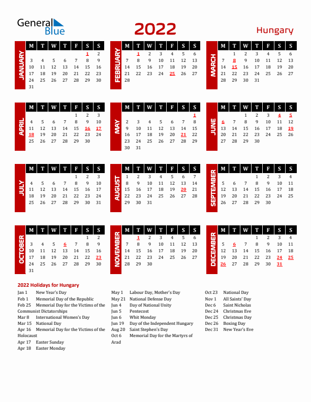 Download Hungary 2022 Calendar - Monday Start