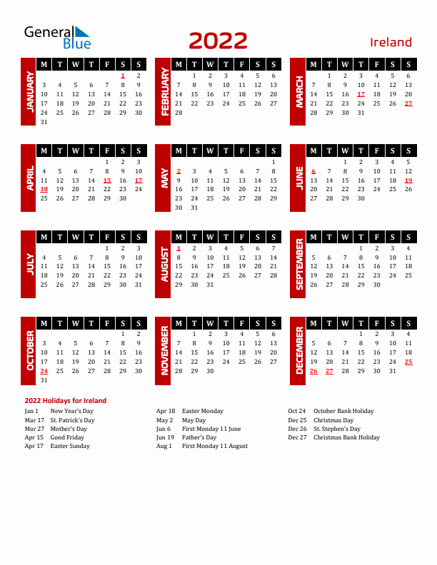Download Ireland 2022 Calendar - Monday Start
