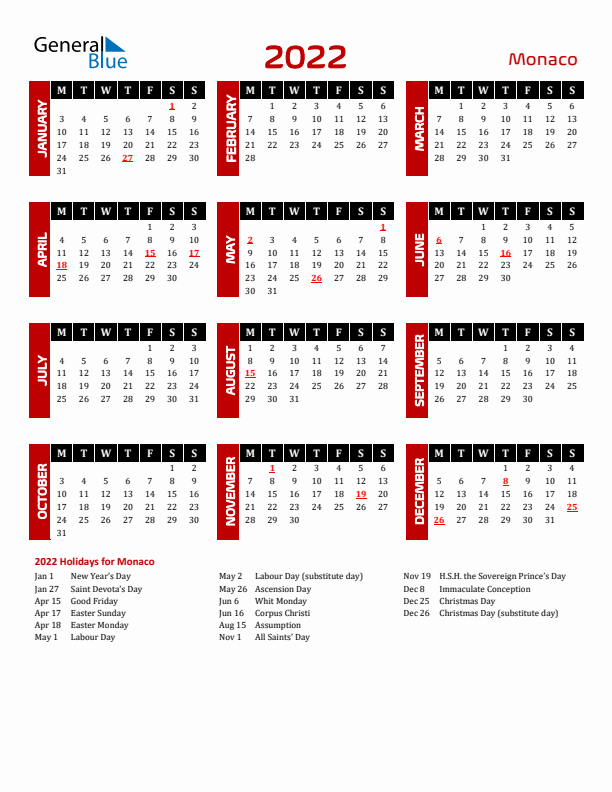 Download Monaco 2022 Calendar - Monday Start
