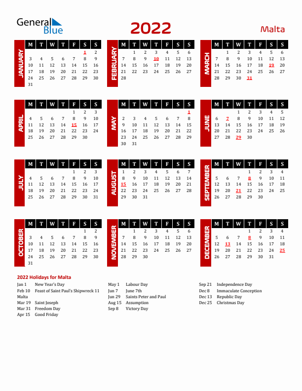 Download Malta 2022 Calendar - Monday Start