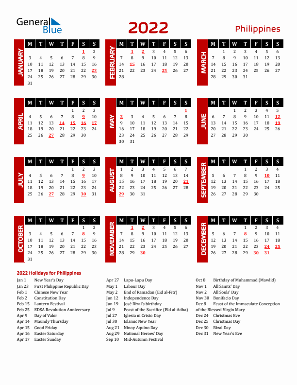 Download Philippines 2022 Calendar - Monday Start
