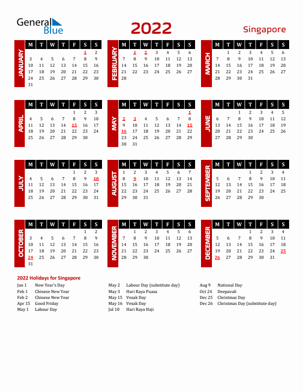 Download Singapore 2022 Calendar - Monday Start